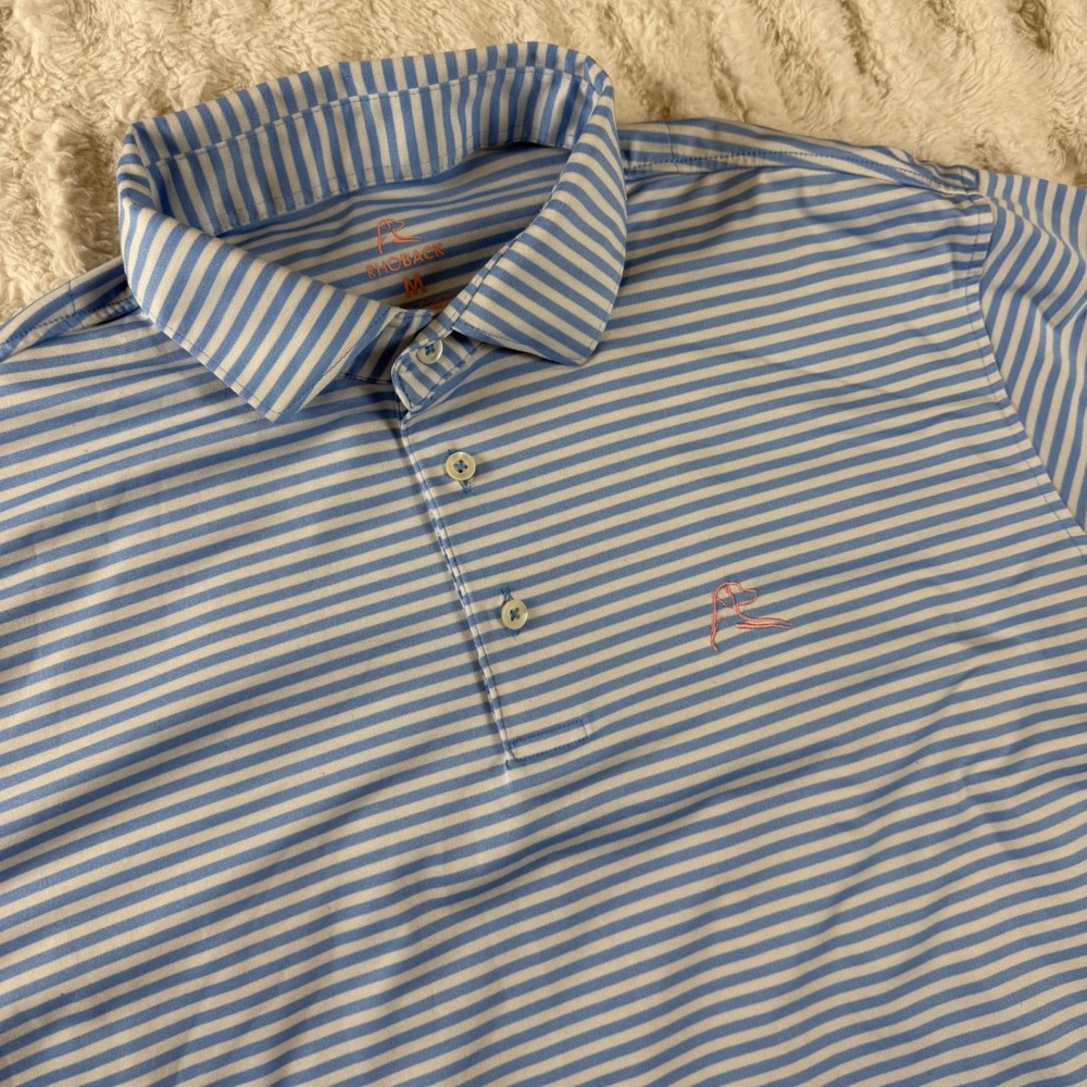Rhoback Mens Performance Polo Shirt Blue White Stripe Wharton Golf Club Medium